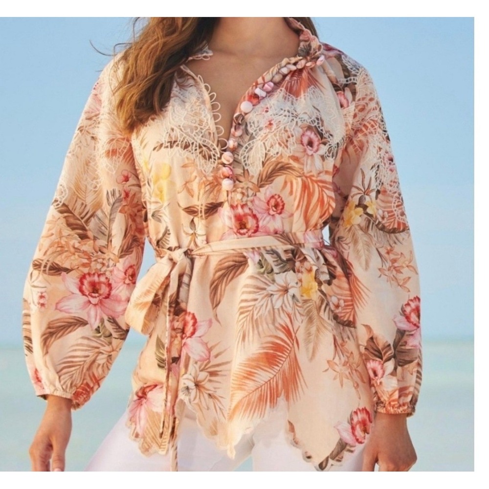 Boston Proper Tropical Floral Linen Blend Lace Tunic Top Peach Orange Small